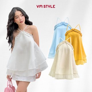 Áo 2 dây kiểu cổ yếm VMSTYLE dáng xòe viền bèo 2 tầng thời trang mùa hè đi chơi, đi biển ASU00144