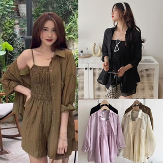 Set Áo Sơ Mi Tơ Nhăn Mix Jumpsuit 2 Dây Bo Chun Ngực Liền Quần Đi Chơi, Đi Biển Siêu Xinh, Labibi