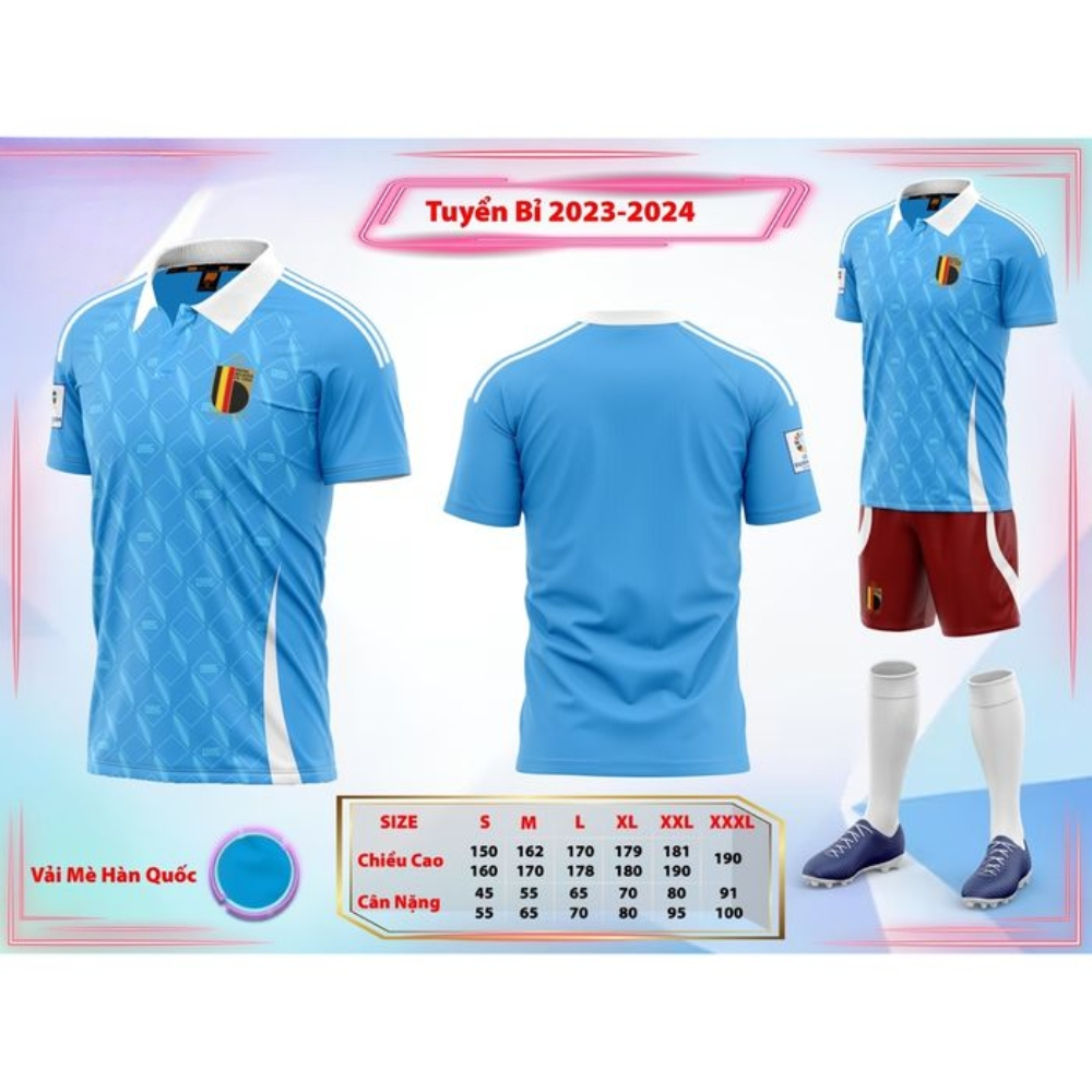 Quần áo đá banh Bỉ Euro 2024 màu xanh vải mè Hàn Quốc CÓ IN TÊN SỐ
