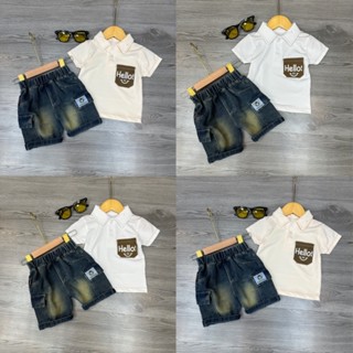 Set Polo hello cộc nam áo cottol quần jean cho bé