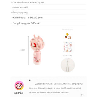 Quạt mini thỏ dâu - quạt mini cầm tay 1 tốc độ gió mạnh pin sạc usb