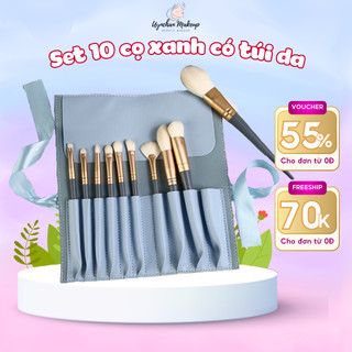 Bộ Cọ Trang Điểm 10 Cây KÈM TÚI ĐỰNG CAO CẤP Lông Siêu Mịn Kèm Bao Da Màu Xanh Da Trời Loại To Đẹp UYNCHAN