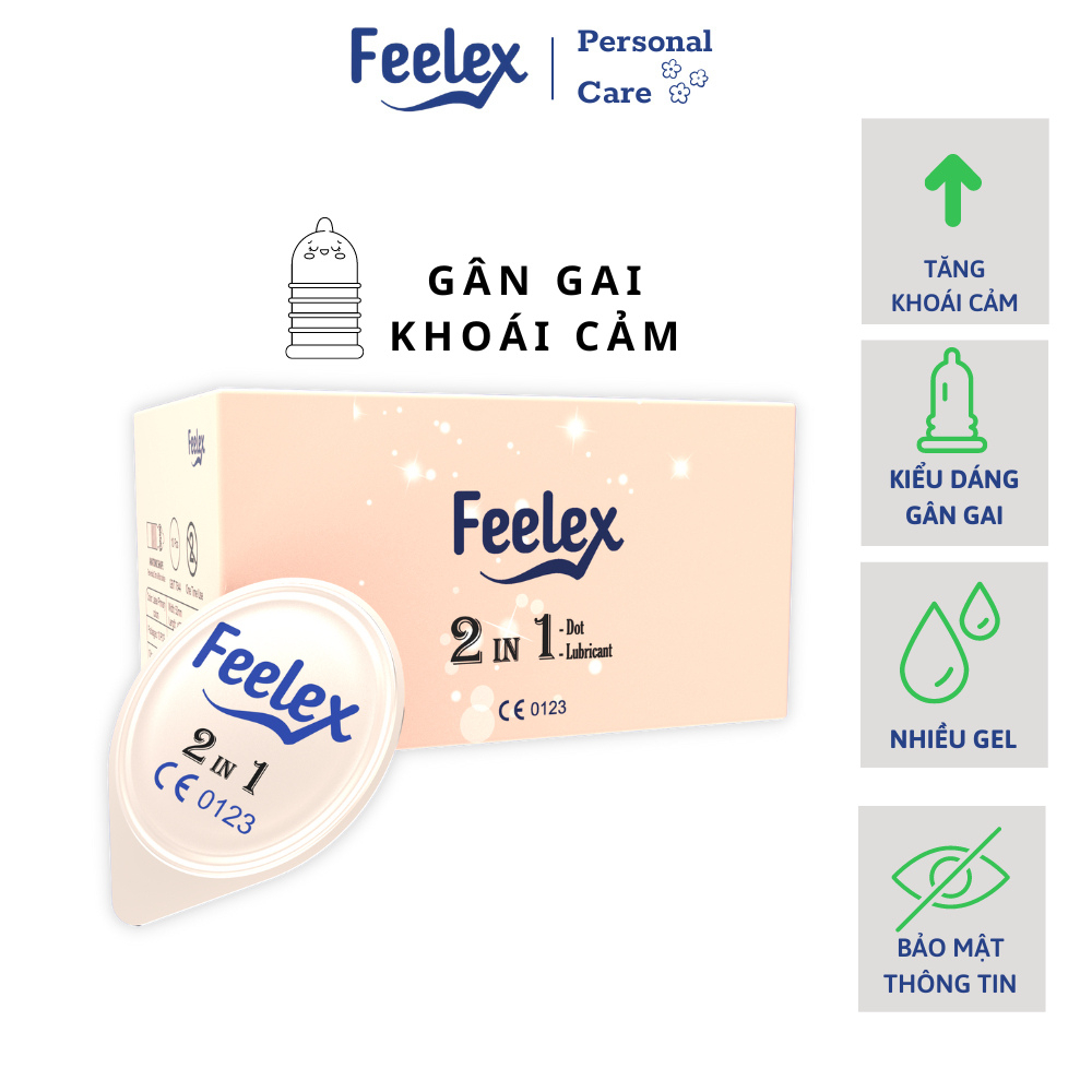 Bao cao su gai Feelex 2 in 1 nhiều gân gai và gel bôi trơn, mỏng hàng cao cấp hộp 10 bao