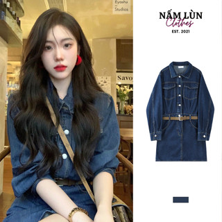  Váy dáng dài Nấm Lùn Clothes Váy jean Đầm nữ Váy denim Váy sơ mi Váy douyin kèm thắt lưng phong cách Hàn Quốc V007 