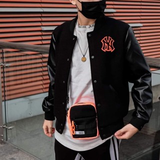 Áo Khoác Bomber nam nữ màu đen phối tay da thêu chữ M, NY