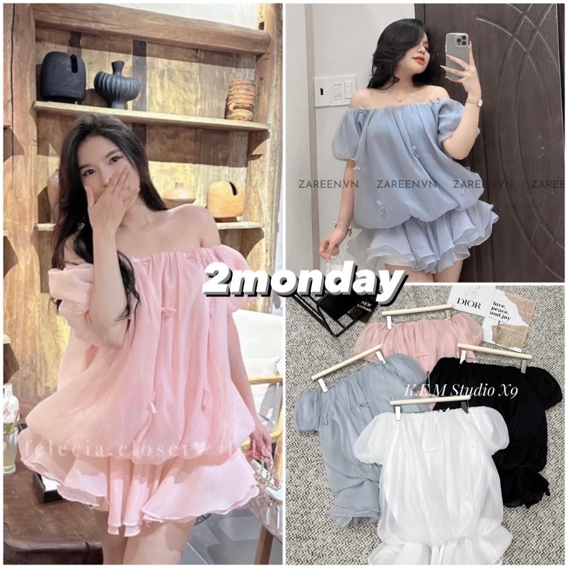 SET VÁY XỐP 2 LỚP TRỄ VAI TAY BỒNG NHÚN EO ĐÍNH NƠ KÈM QUẦN SIÊU XINH S03