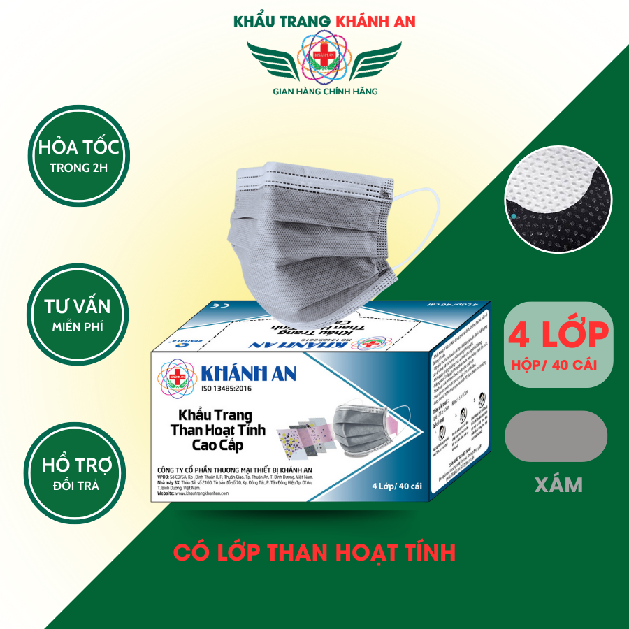 Khẩu trang y tế 4 lớp than hoạt tính cao cấp Khánh An hộp 50 cái người lớn dày dặn kháng khuẩn và ngăn bụi mịn KATHTO