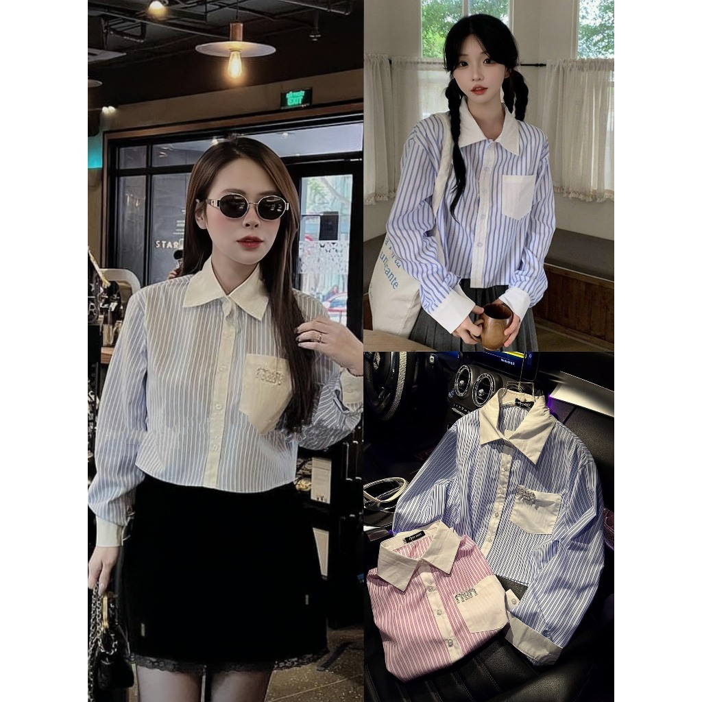 A228 Áo sơ mi nữ kẻ sọc MIU MIU dáng croptop, áo sơ mi kiểu nữ sang chảnh kèm tag cài miumiu có thể tháo rời