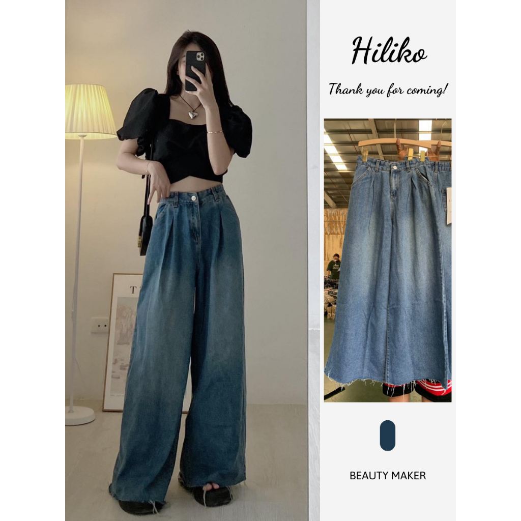Quần jean nữ ống loe rộng cắt gấu trẻ trung siu tôn dáng, quần jeans suông ống rộng- Hiliko