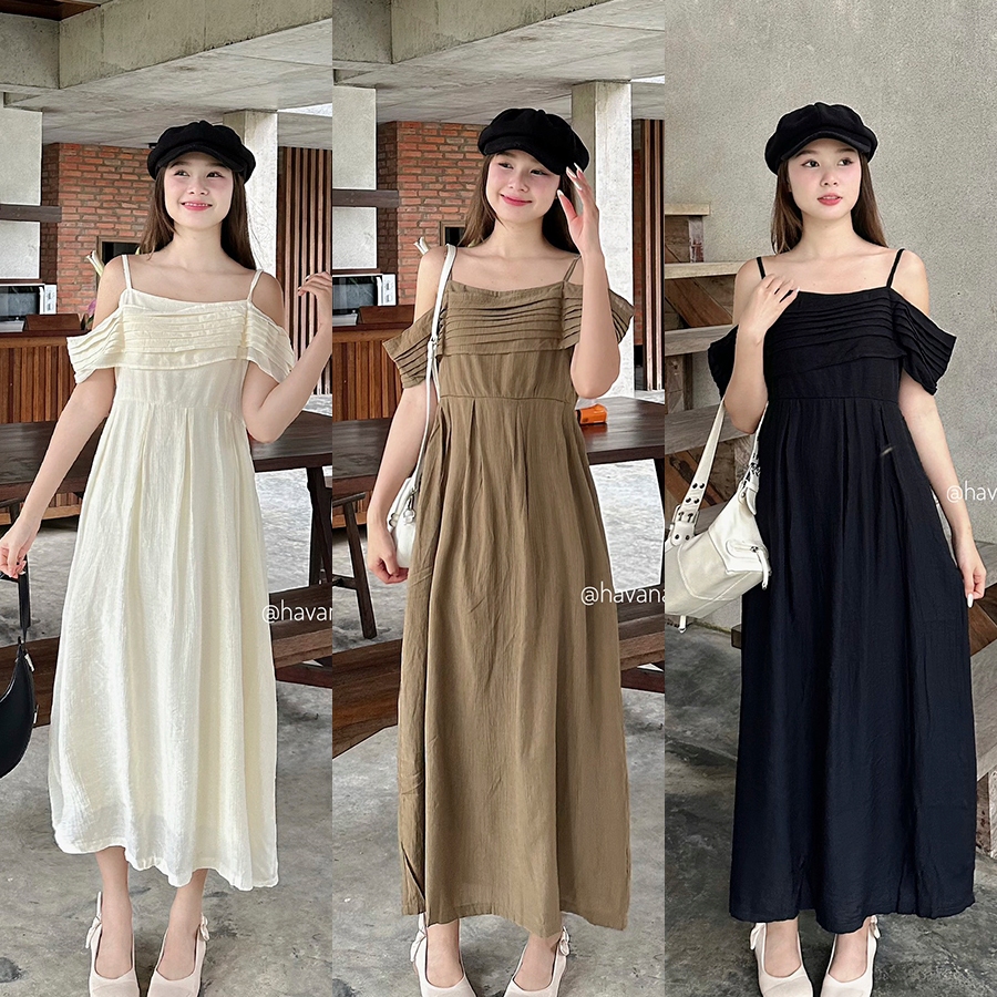 Đầm voan tơ dáng dài hai dây trễ vai phối xếp ly HAVANA AE609 havanadanang