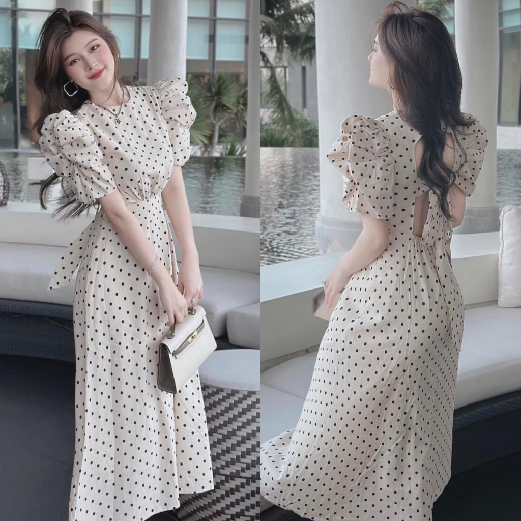 : Váy Dáng Dài Chấm Bi Tay Bồng Buộc Nơ Hở Lưng Chất Liền Đẹp Nữ Tính