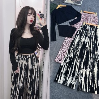 Đồ bộ quần dài ống rộng nữ set 3 món