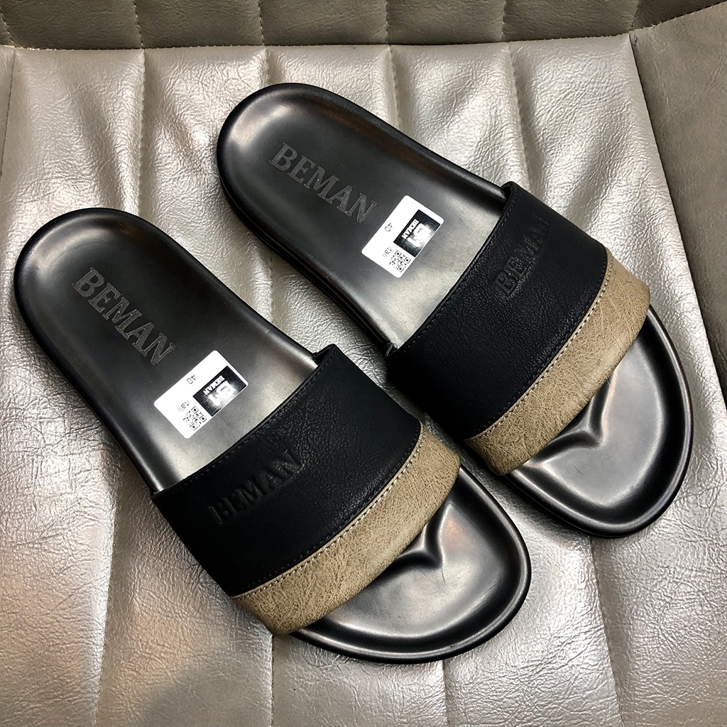 Dép quai ngang Beman B.LV da xịn, dép lê nam da sít nguyên tấm 2 lớp, đế cao su non nguyên khối