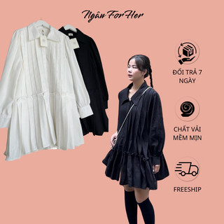 ANNEI DRESS- Đầm Sơ mi Babydoll Tiểu Thư, Đầm Suông Xếp Ly Xinh Xắn