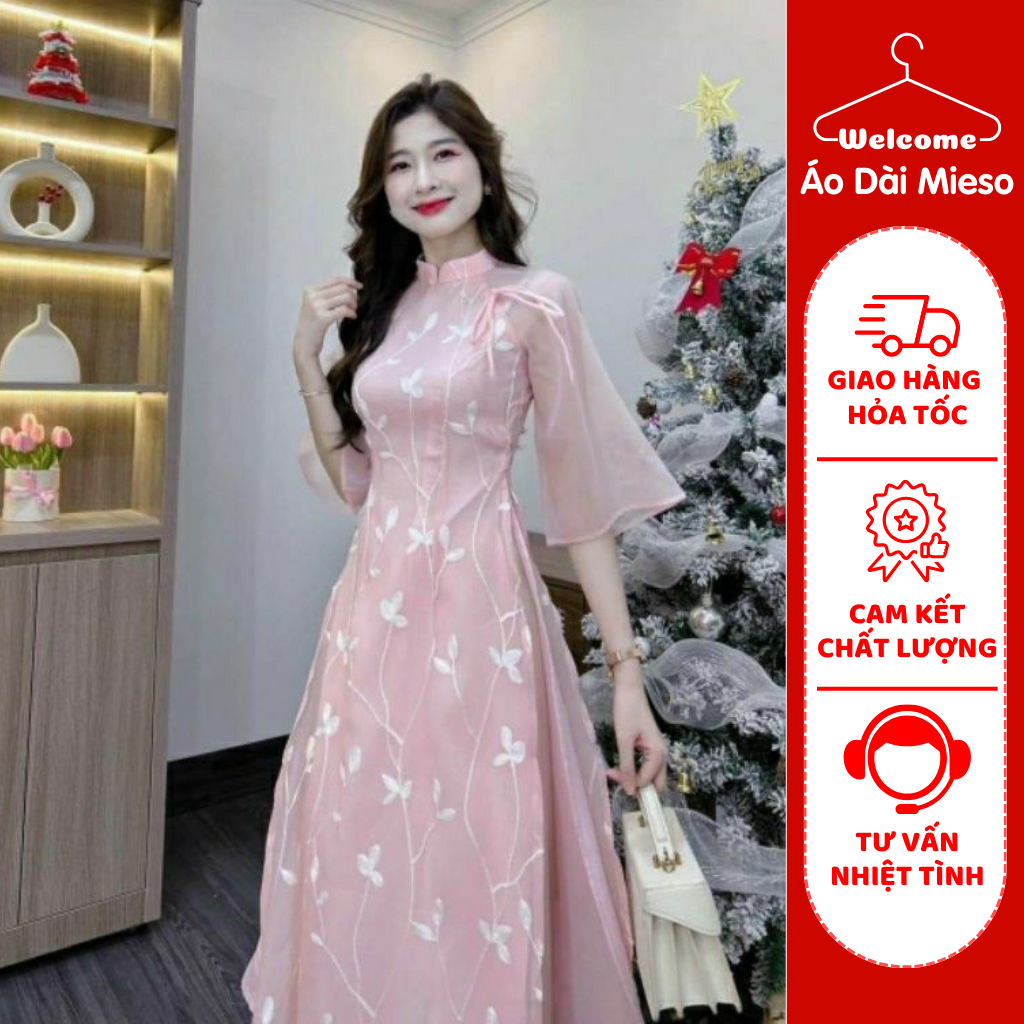 Áo Dài Cách Tân Nữ Tết Thêu Hoa Thiết Kế Dáng Suông 4 Tà Cổ Tròn Đính Nơ Tay Bồng Vải Tơ Mềm Cao Cấp - Áo Dài Mieso