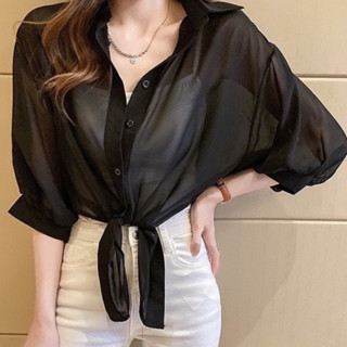  Áo khoác ngoài voan lua mỏng  áo sơ mi buộc vạt tay bồng dáng crotop phong cách sành điệu đi chơi đi biển LaRoSa 