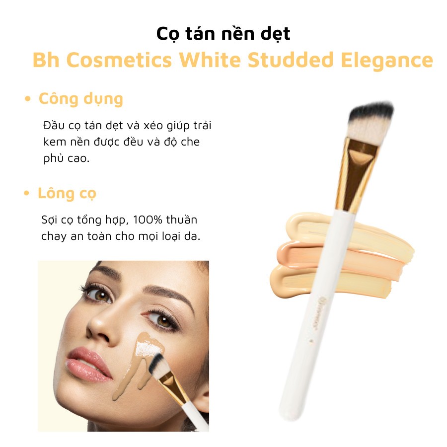 Cọ Đánh Nền BH Cosmetics White Studded Elegance Đánh Lót, Cọ Đánh Nền Phẳng Kết Cấu Chặt Thao Tác Dễ