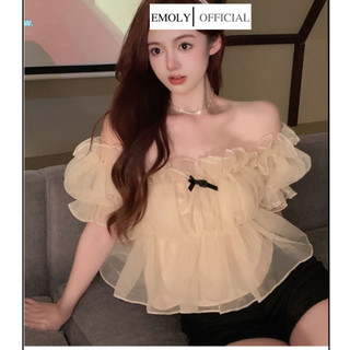 Áo trễ vai tay bồng nhún ngực mềm mại bồng bềnh phối nơ cho nữ thời trang mùa hè