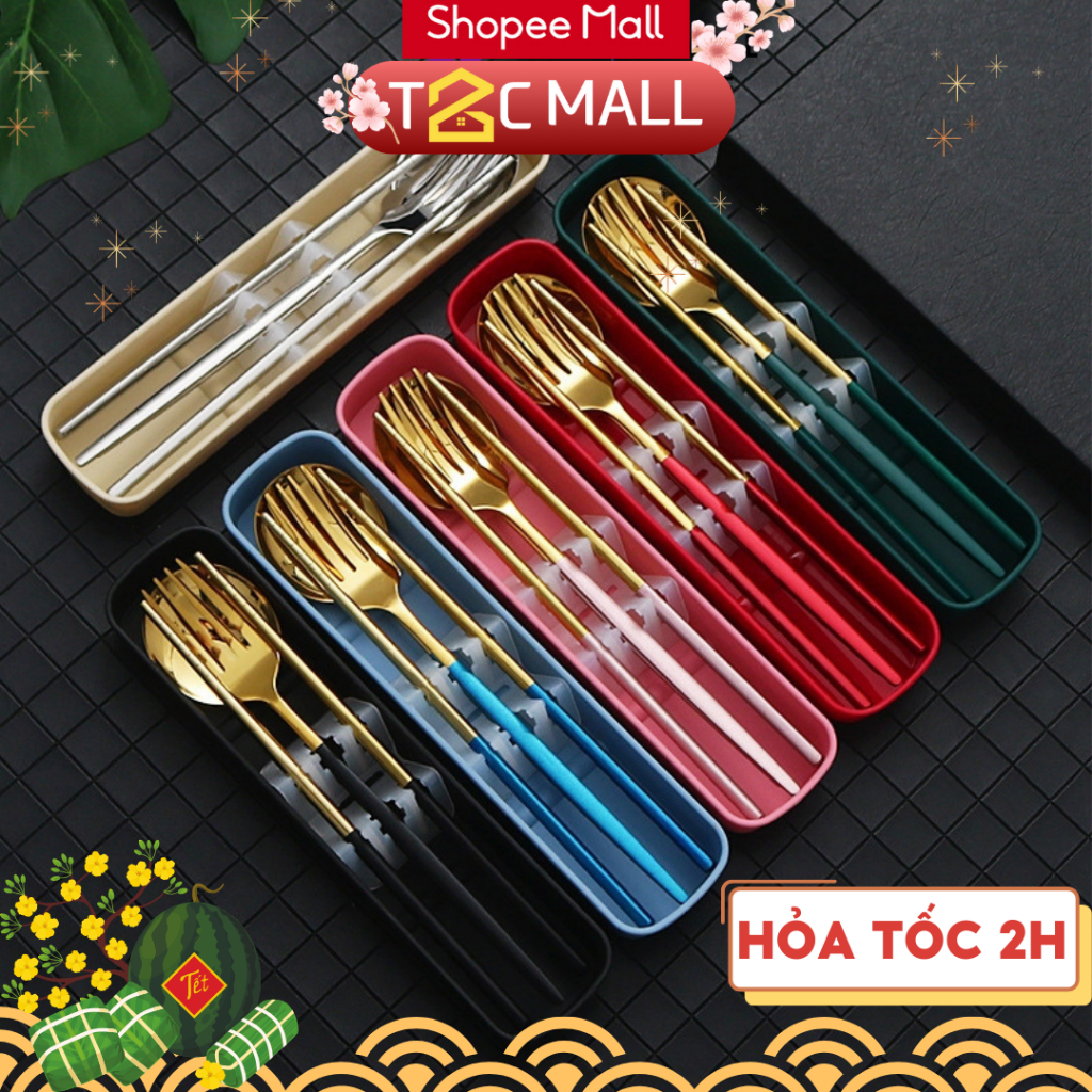 Bộ thìa đũa muỗng dĩa inox 304 mạ vàng cán dài cao cấp sang chảnh dùng ăn cơm văn phòng dã ngoại - T2CMall