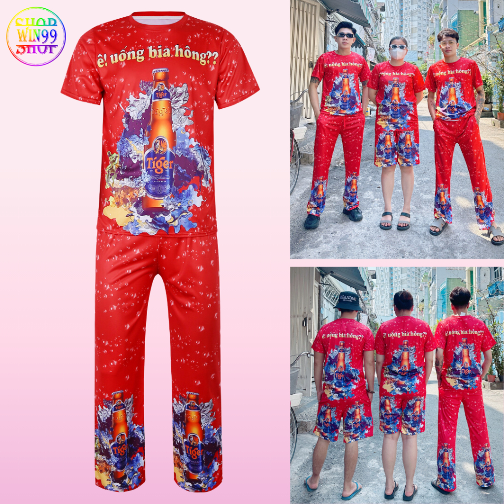 Set bộ Bia TIGER ĐỎ 3D quần áo ngắn thể thao unisex Nam Nữ form rộng áo phông mix quần ống rộng dài 2 Size 40-75kg win99