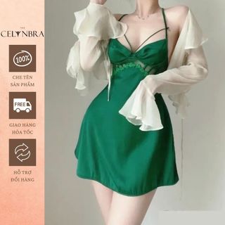 Váy ngủ lụa phối ren sexy đính nơ ngực xẻ tà hở lưng quyến rũ the celynbra - v51