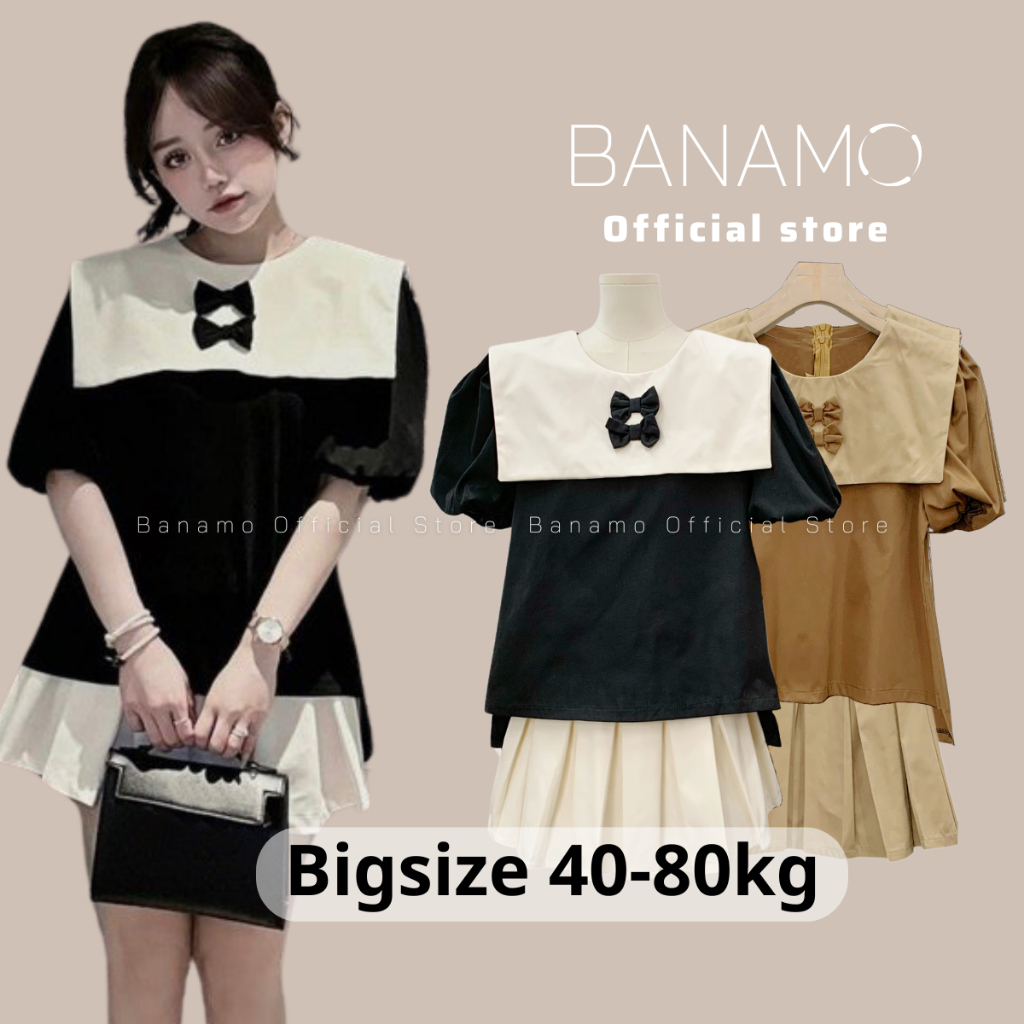 Set nữ BIGSIZE Banamo Fashion bộ đồ nữ áo ngắn tay phối cố thủy thủ đính nơ nổi mix chân váy xếp ly 1916