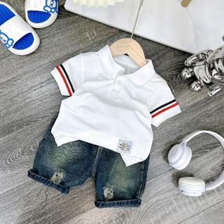 set polo trắng kẻ quần jean