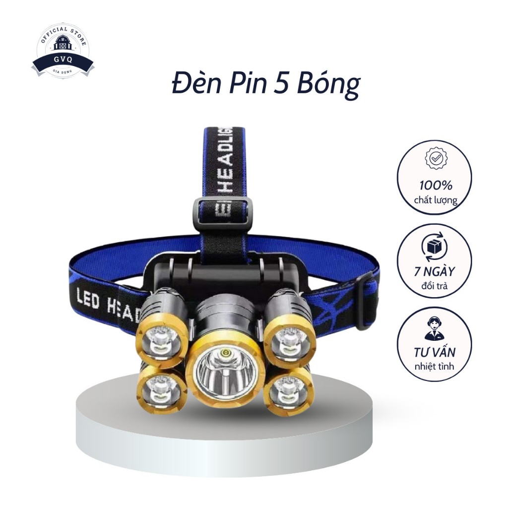 Đèn Pin Đội Đầu 5 Bóng Pin Sạc Thiết Kế Chống Nước IPX4 Bóng Led 10000 Giờ GVQ Store