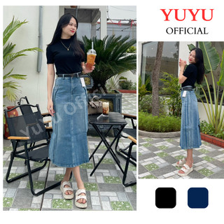 Chân váy jean dài YUYU thời trang, váy demin lưng cao xẻ sau phối chỉ nổi siêu đẹp D10