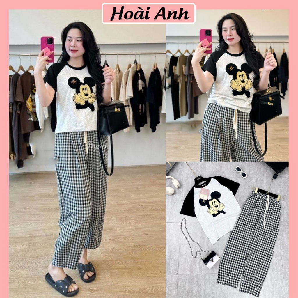 Set Bộ Đồ Nữ Áo Mickey Giáp Lăng Tay Phối Mix Quần Kẻ Caro Đen Trắng Freesize