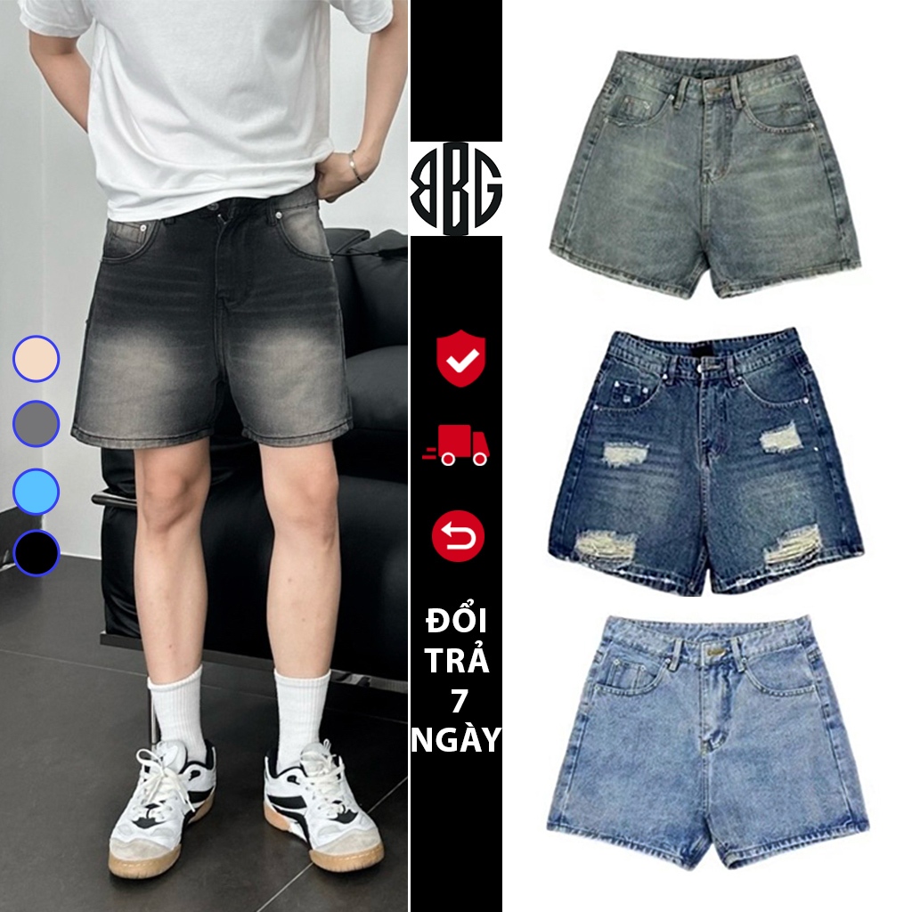 Quần Short đùi Bò Jean Nam Xanh Đen Retro Wash Co Giãn Avocado, Quần Sooc bò trơn và rách thời trang form TRÊN GỐI