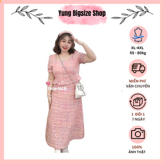Set đầm nữ Bigsize áo crotop sọc hồng cổ vuông kèm chân váy 55-90kg Yung bigsize