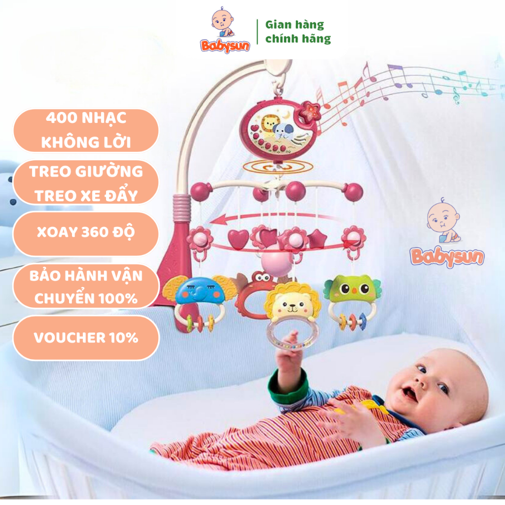 Đồ chơi treo nôi cũi xoay 360 có nhạc FREESHIP Kẹp kệ A có lục lạc, xúc xắc cho bé, kích thích thị giác cho Trẻ sơ sinh