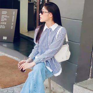Sơ mi kẻ xanh phối trắng dáng suông 1 màu A3375 Aholic