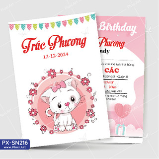 Thiệp thôi nôi –  Sinh nhật Pluxi bé Gái tuổi Mèo - Mẹo PX_SN216
