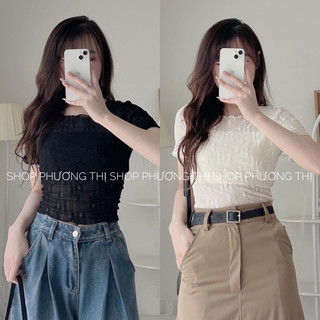  Áo thun nhún dáng croptop hoạ tiết nổi buộc dây eo