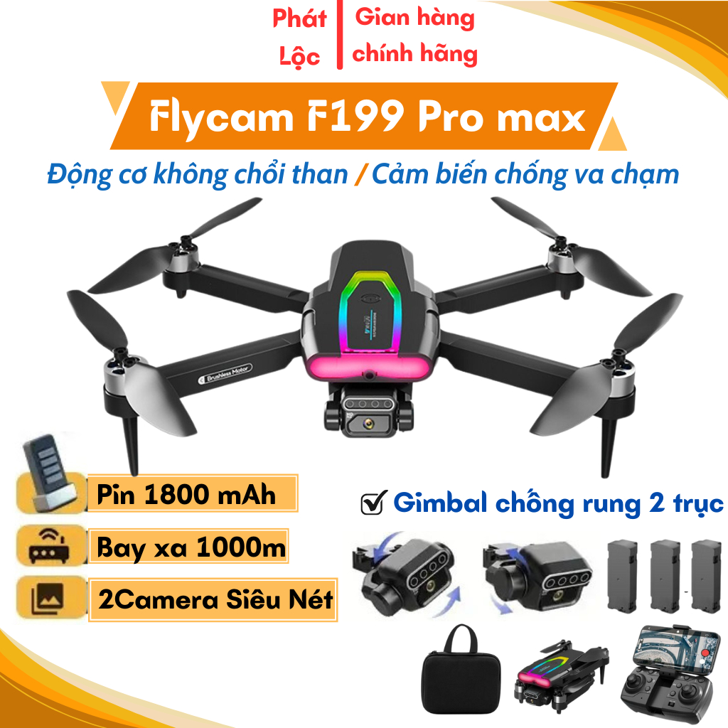 Máy Bay Flycam Camera 4K F199 Pro, Drone Mini Điều Khiển Từ Xa 4 Cánh Cảm Biến Chống Va Chạm, Bay 20 Phút, Xa 1000m