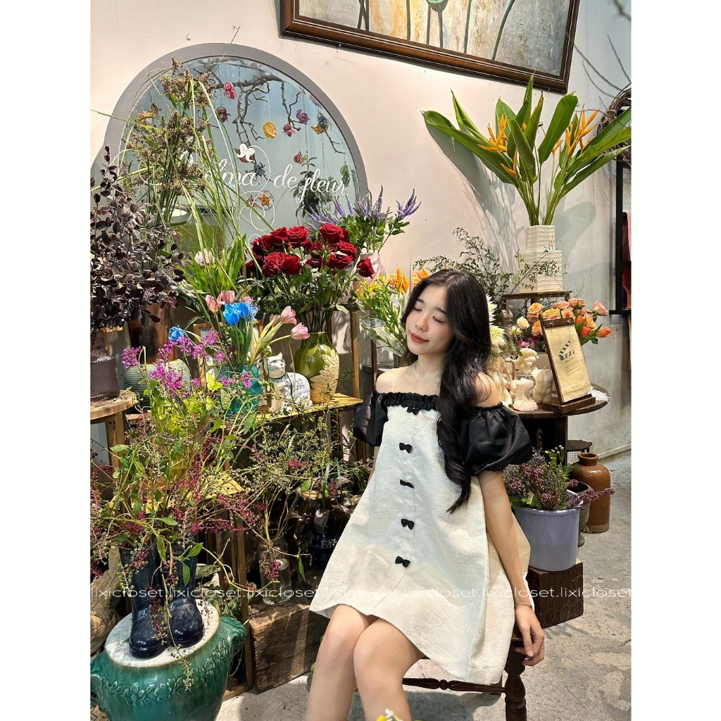 Váy Nữ, Váy Trễ Vai Tay Phồng Vải Gấm Kèm Nơ Siêu Xinh, Đầm Nữ Tiểu Thư Dáng Suông (váy có túi sườn) | BigBuy360 - bigbuy360.vn