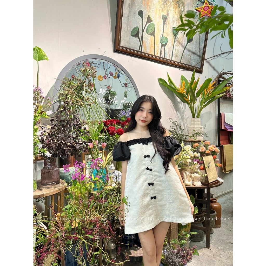 Váy Nữ, Váy Trễ Vai Tay Phồng Vải Gấm Kèm Nơ Siêu Xinh, Đầm Nữ Tiểu Thư Dáng Suông (váy có túi sườn) | BigBuy360 - bigbuy360.vn