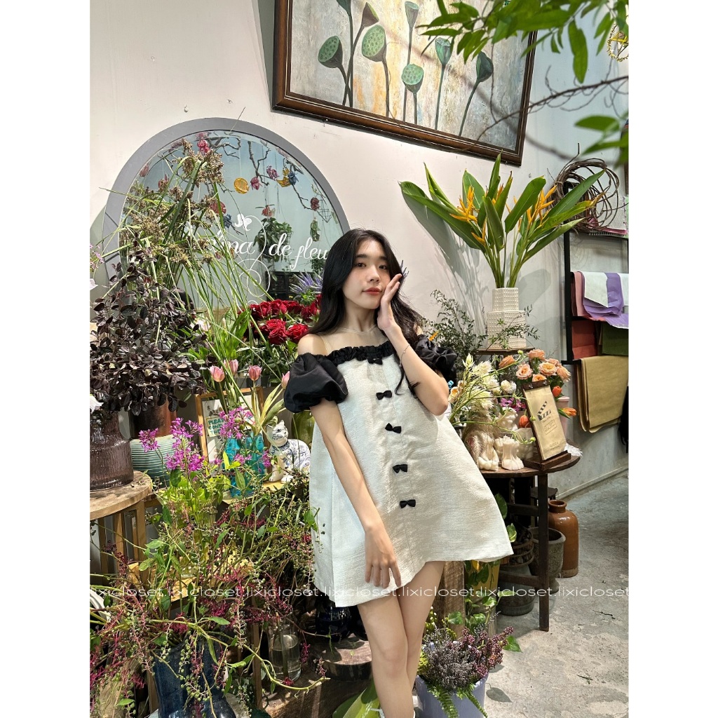 Váy Nữ, Váy Trễ Vai Tay Phồng Vải Gấm Kèm Nơ Siêu Xinh, Đầm Nữ Tiểu Thư Dáng Suông (váy có túi sườn) | BigBuy360 - bigbuy360.vn