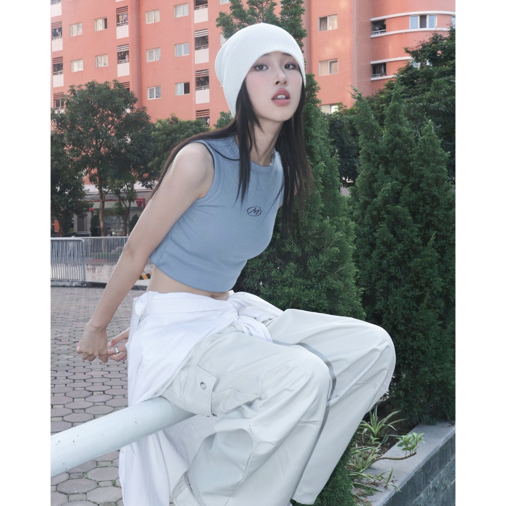 Áo tank top thêu M chất thun gân co dãn | MOODIE BRAND