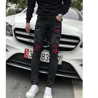 Quần Vakal  Jean Nam Đen Đỏ Nhăn 4 Cúc Quần Jean Skinny màu đen gối vá họa tiết bản cao cấp co dãn 4 chiều HOT 2024