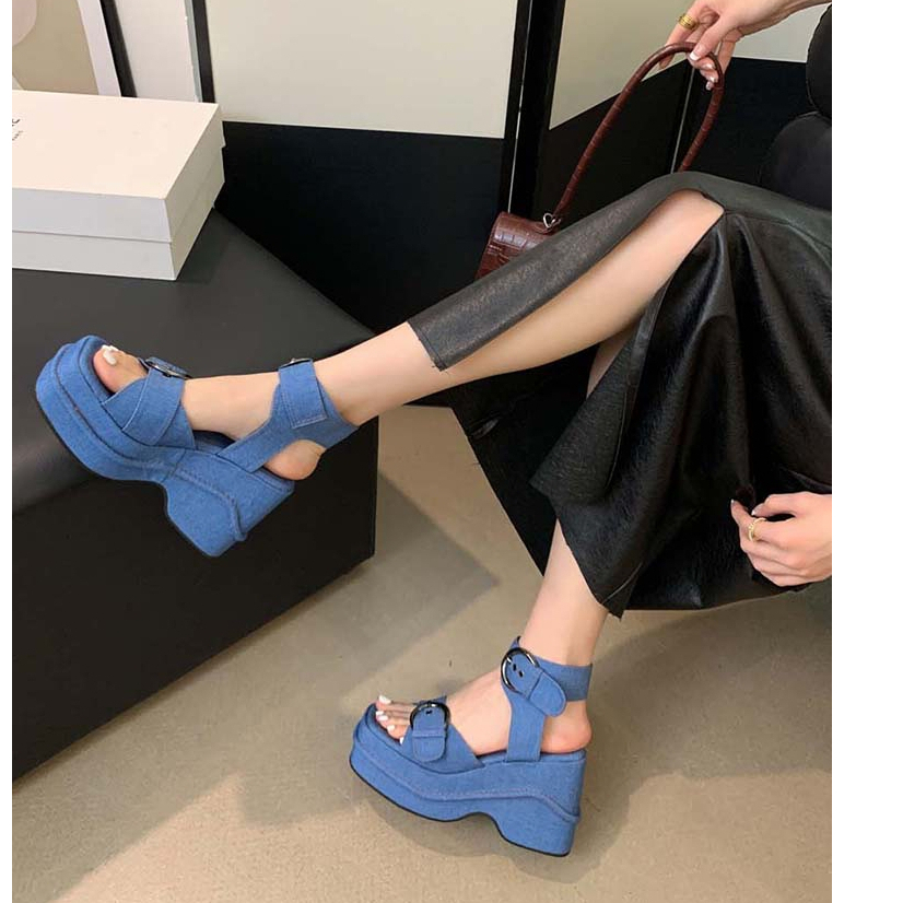 SẴN ĐEN 37 Sandal tăng chiều cao 9CM La mã cá tính mới 2024 2 màu Xanh - Đen