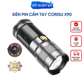 Đèn pin siêu sáng cầm tay CORISU X90 chiếu xa 500m có ZOOM xa gần chống nước IP45 sạc ngược cho điện thoại