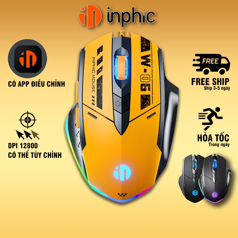 Chuột gaming máy tính YINDIAO Inphic W6 có dây 12800 DPI game thủ pc chơi game PUBG Liên Minh Valorant siêu nhạy