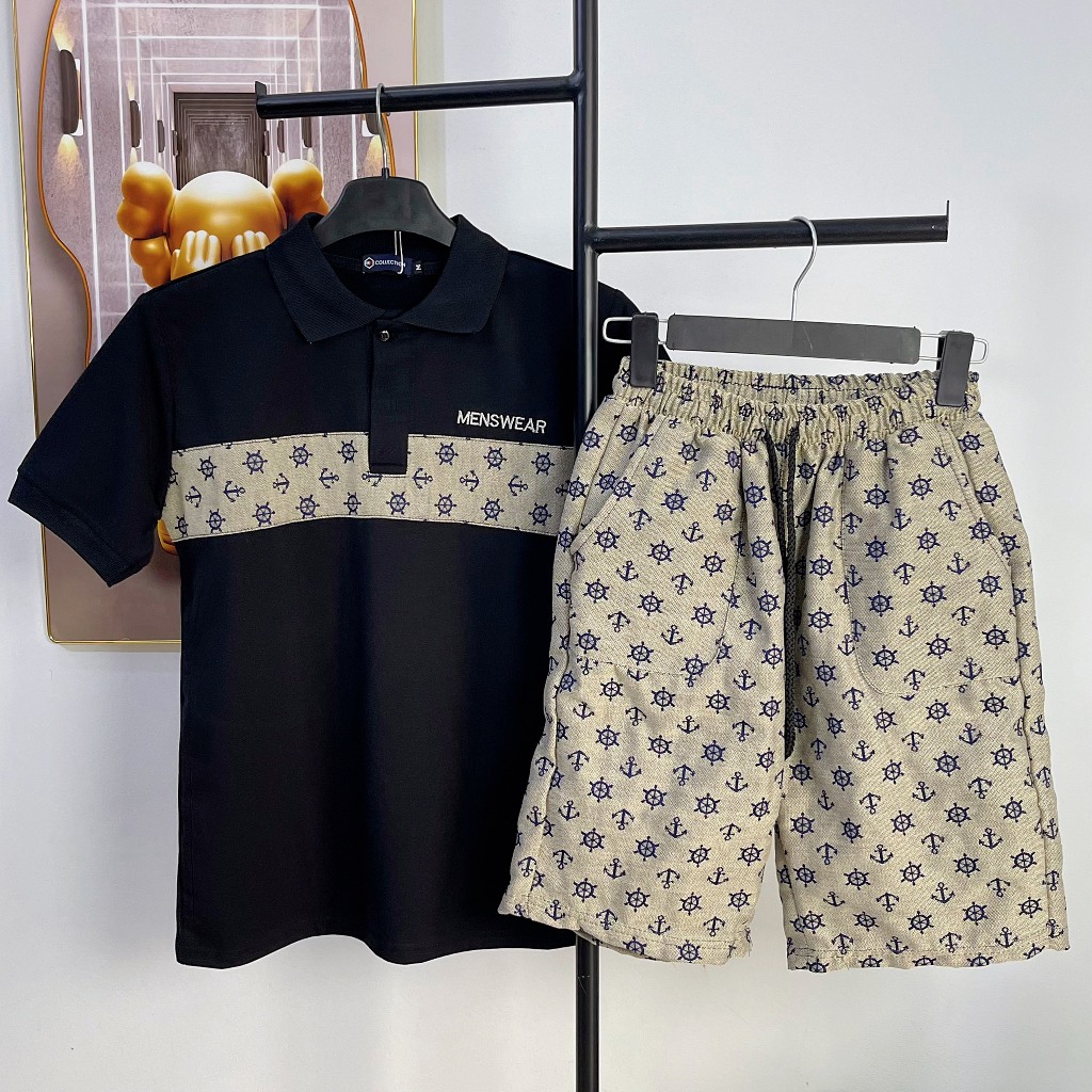 Bộ quần áo nam, set áo thun polo tay ngắn phối ngực thêu chữ MENSWEAR, quần đùi bố thô, phong cách thời trang