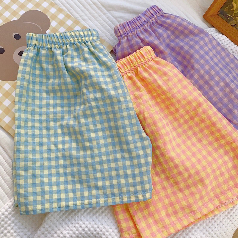 Quần Ngủ Mặc Nhà, Quần Đùi Nữ Chất Đũi Thô Hoạ Tiết Kẻ Caro Nhiều Màu