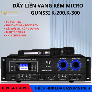 Đẩy liền vang Gunssi K-200,K-300 amly liền vang kèm 2 mic công suất lớn,bluetooth 5.0, kết nối tivi cổng quang học.
