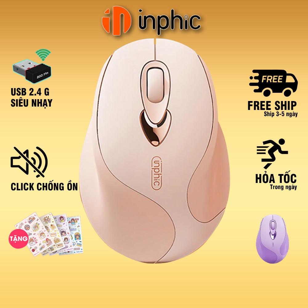 Chuột máy tính không dây Yindiao INPHIC M8 màu hồng kiểu dáng độc lạ silent chống ồn pin sạc dành cho laptop vp