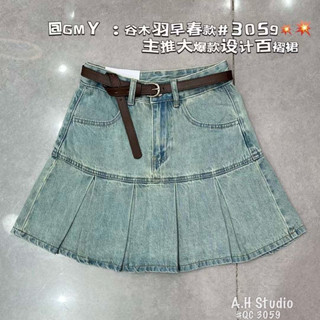 Chân váy jean dáng ngắn xếp li chất denim có lót quần kèm đai 3059 hàng quảng châu loại 1 (Ảnh thật)